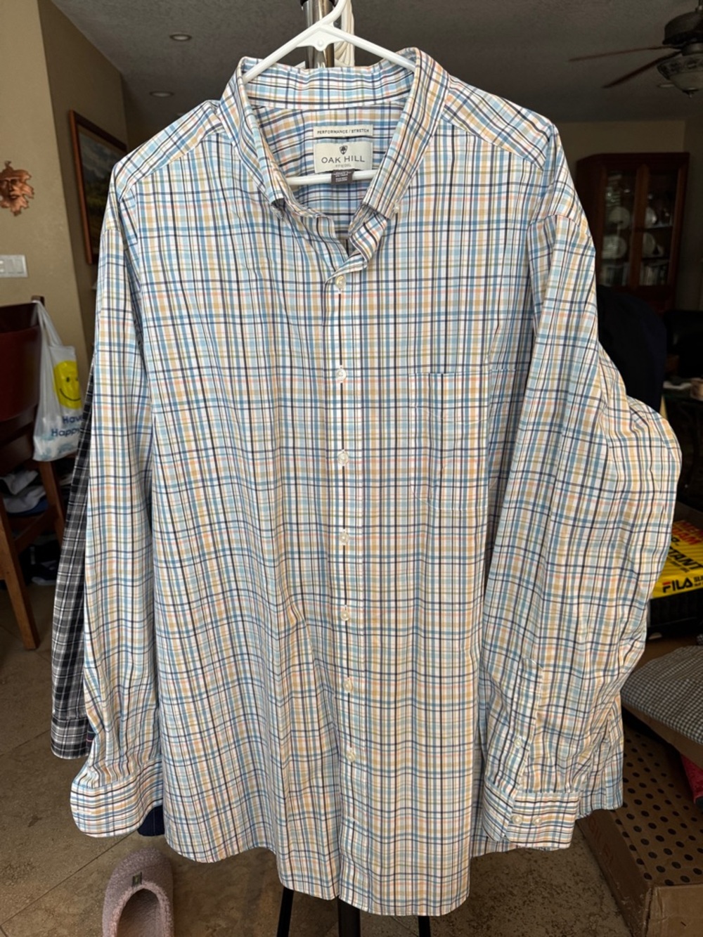 Men's Long-Sleeve Plaid Button-Down Shirt - White/Blue/Orange
